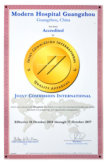 In October 2014, Modern Cancer Hospital Guangzhou has been accredited by JCI (Joint Commission International) of the 5th version, which assesses and evaluates with the strict standards in the world and stands for the highest level of accreditation for medical service and hospital management. 